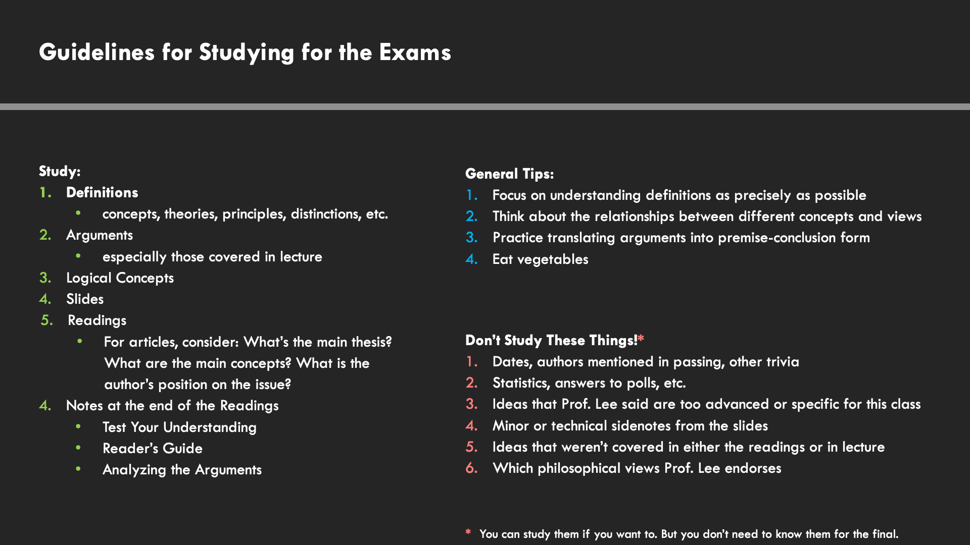 Guidelines for Studying for the Exams